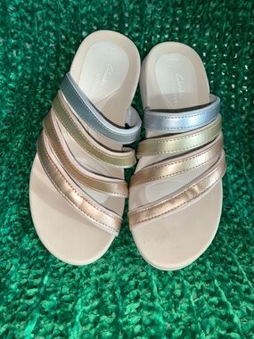 Clarks Women’s Metallic Multi-Strip Slide Sandals in Silver, Gold, Rose